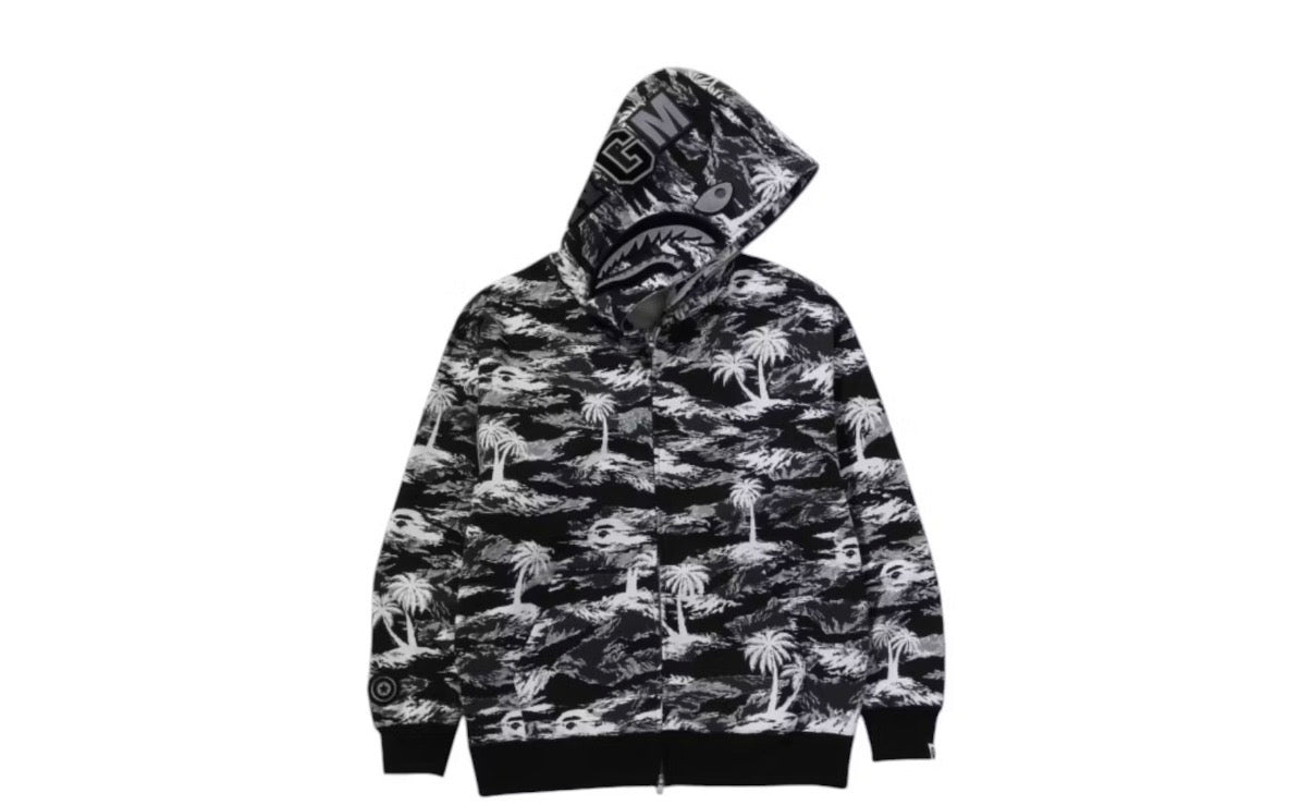 BAPE Palm Tree Camo Relaxed Fit Shark Full Black Hoodie