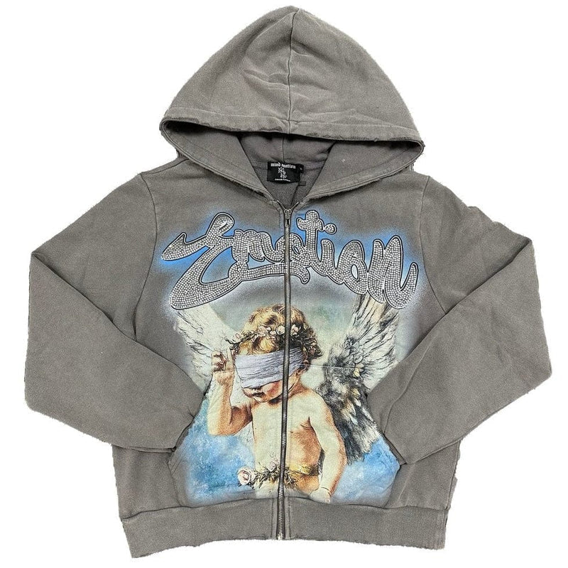 Mixed Emotion Angel Rhinestone Zip Up Hoodie Grey