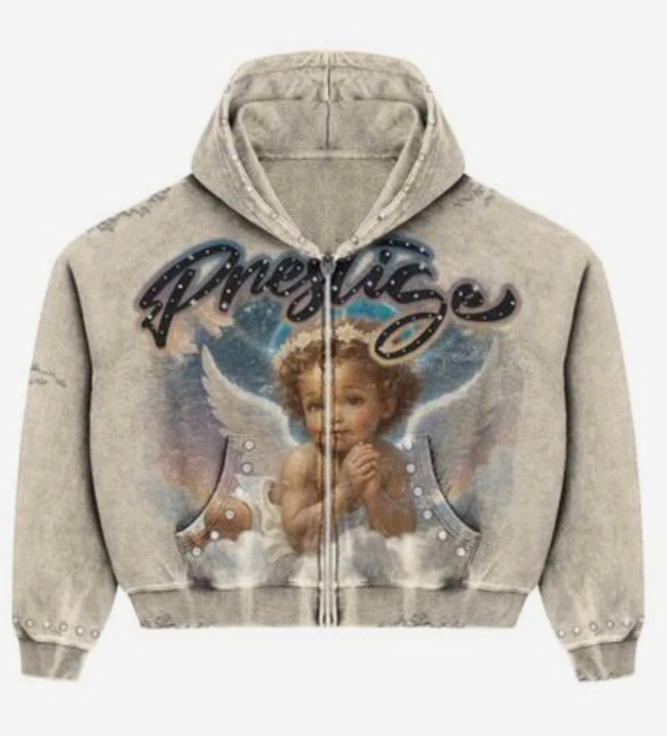 Prestige Angle Zip Up Hoodie Cream Blue