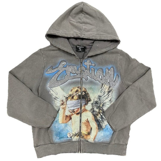 Mixed Emotion Angel Rhinestone Zip Up Hoodie Grey