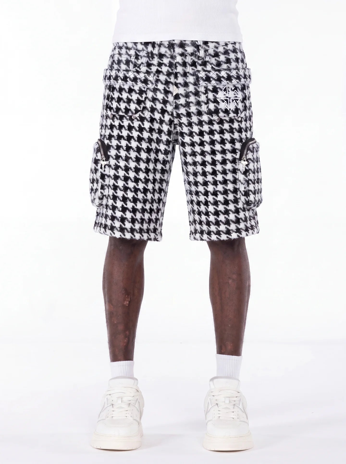 Guapi White Houndstooth Furry Shorts