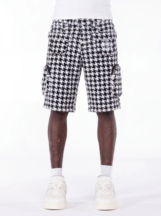 Guapi White Houndstooth Furry Shorts